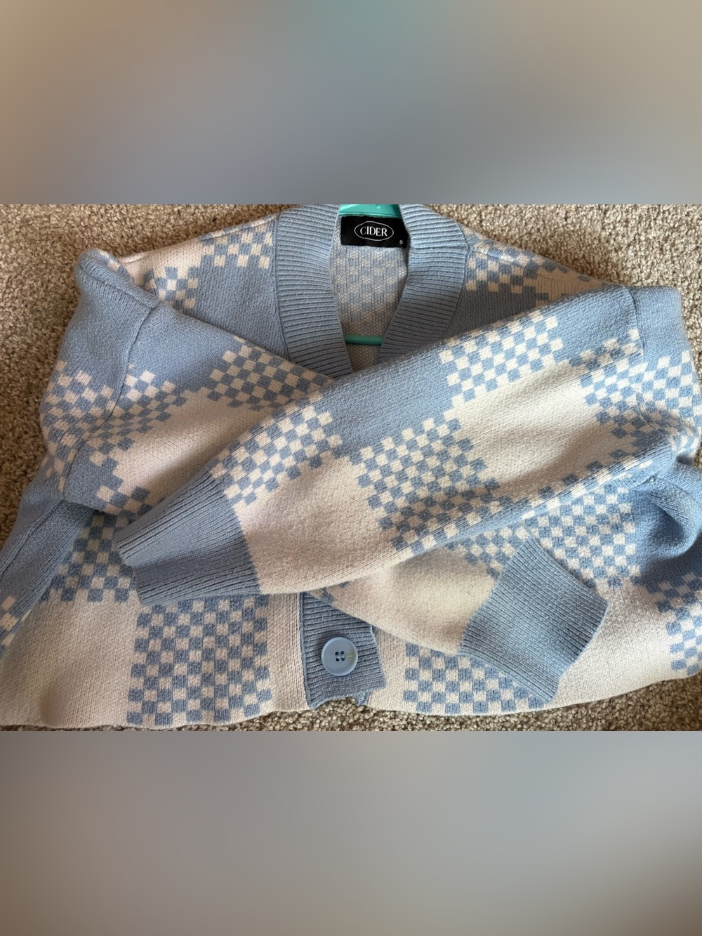 Cropped Blue and Cream Checkered Knit Cardigan Sweater